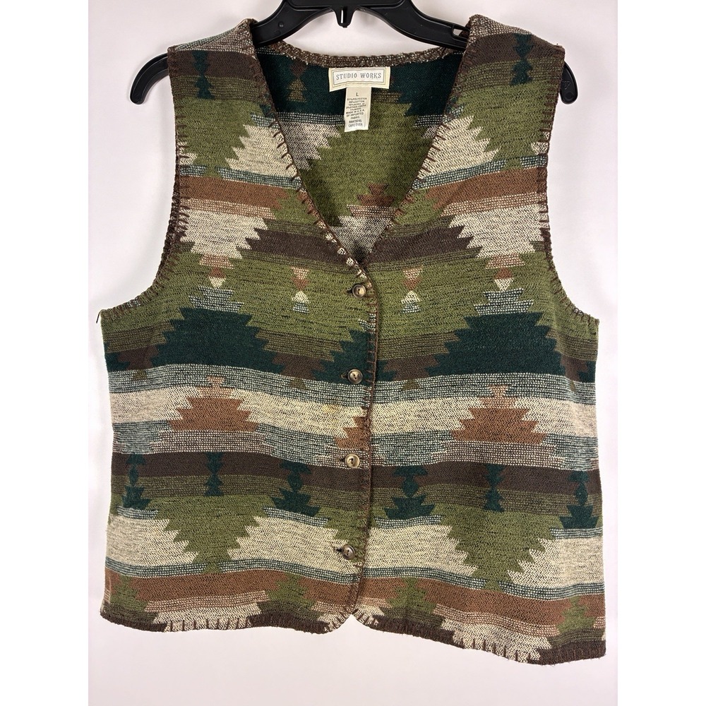 Vtg 90s Studio Works Southwestern Tapestry Vest Aztec Earth USA Women Size L